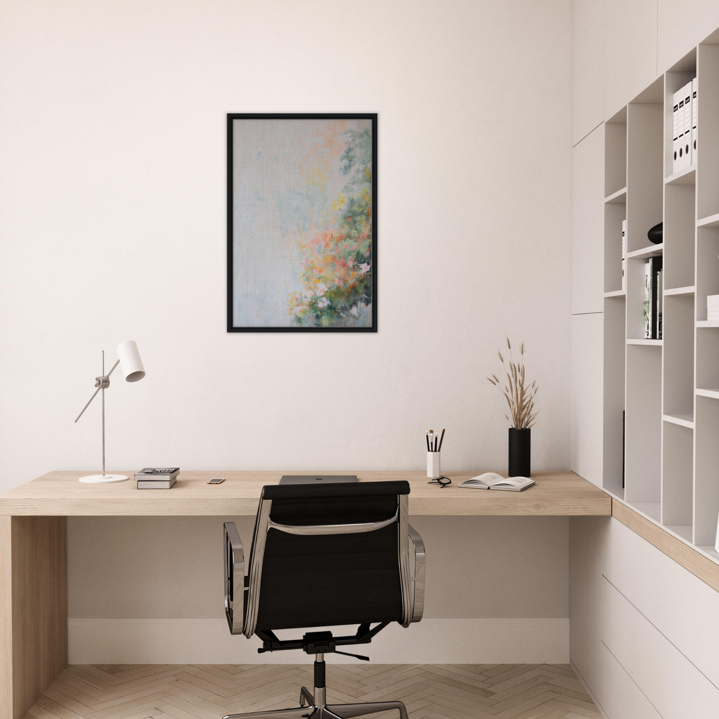 Minimalist wooden desk and black chair in Verdant Psyche Whispers home office decor