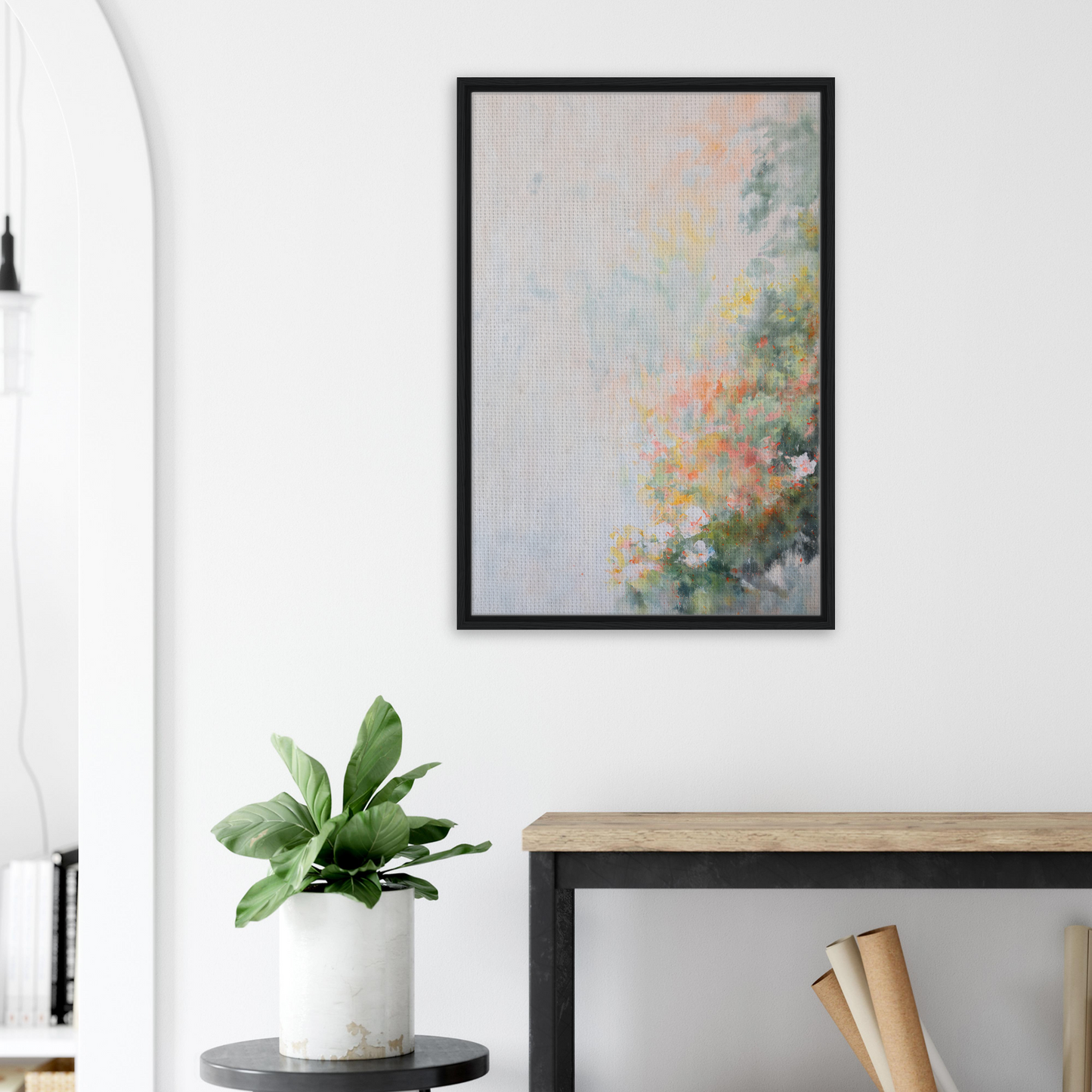 Framed abstract painting with pastel colors for room decor titled Verdant Psyche Whispers