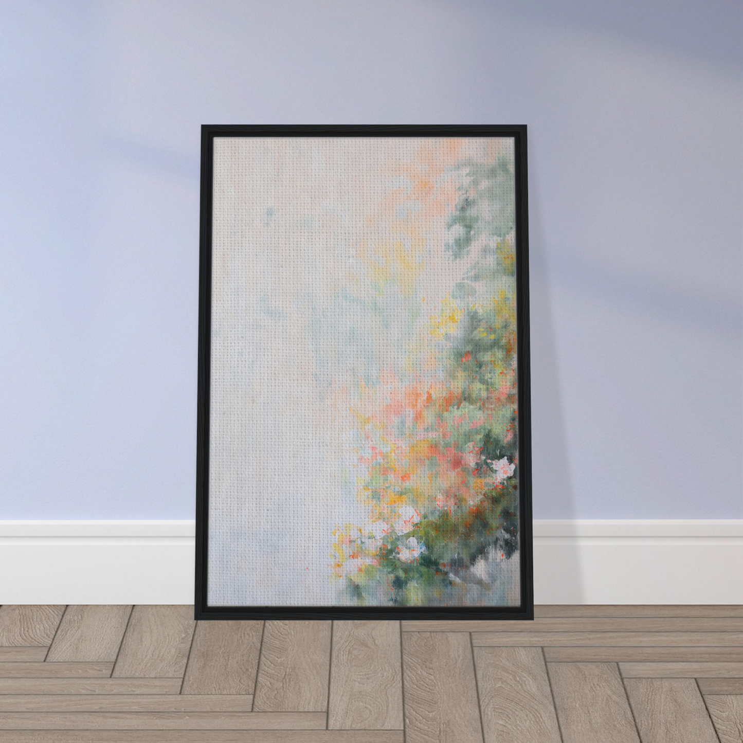 Framed abstract painting with pastel floral elements for Verdant Psyche Whispers room decor