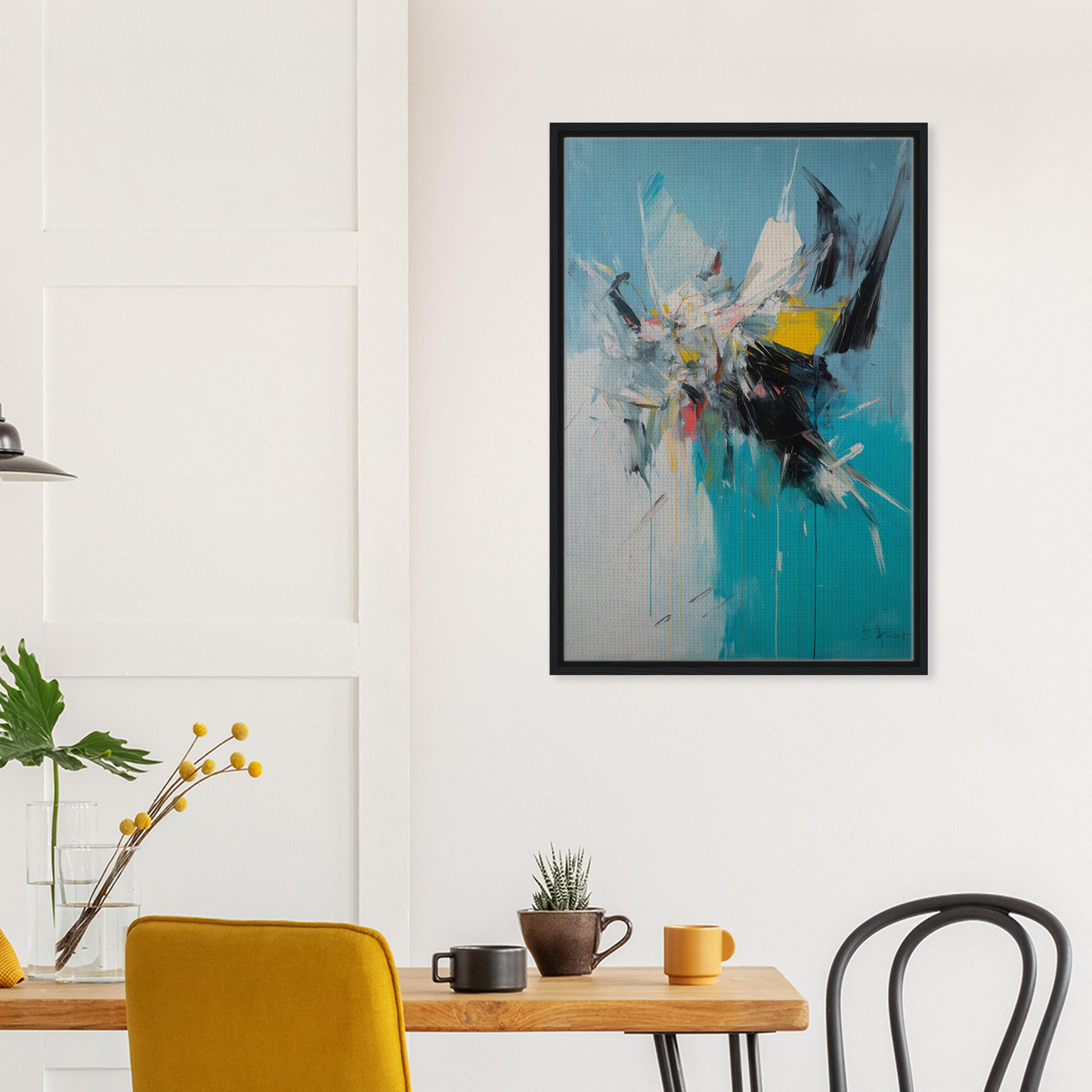 Vibrant Chaotic Realms abstract painting in turquoise, yellow, and white, framed decor