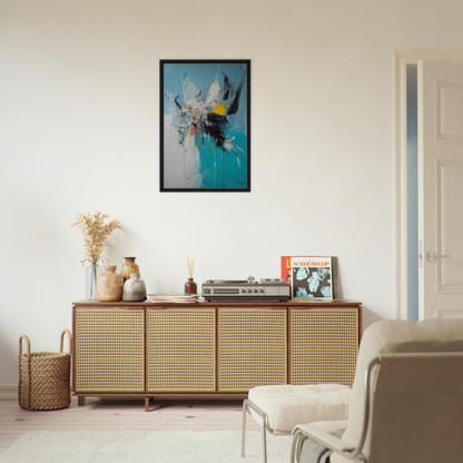 Wooden sideboard with rattan doors, ideal for vibrant chaotic realms room decor