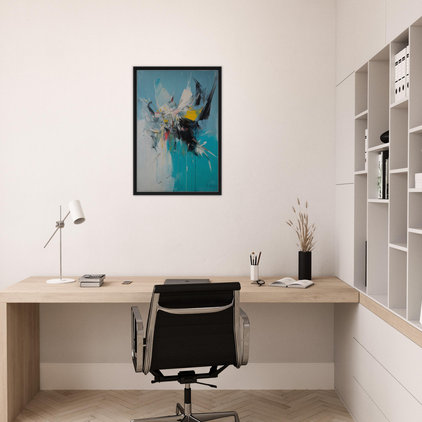 Minimalist home office showcasing Vibrant Chaotic Realms wall art and sleek decor