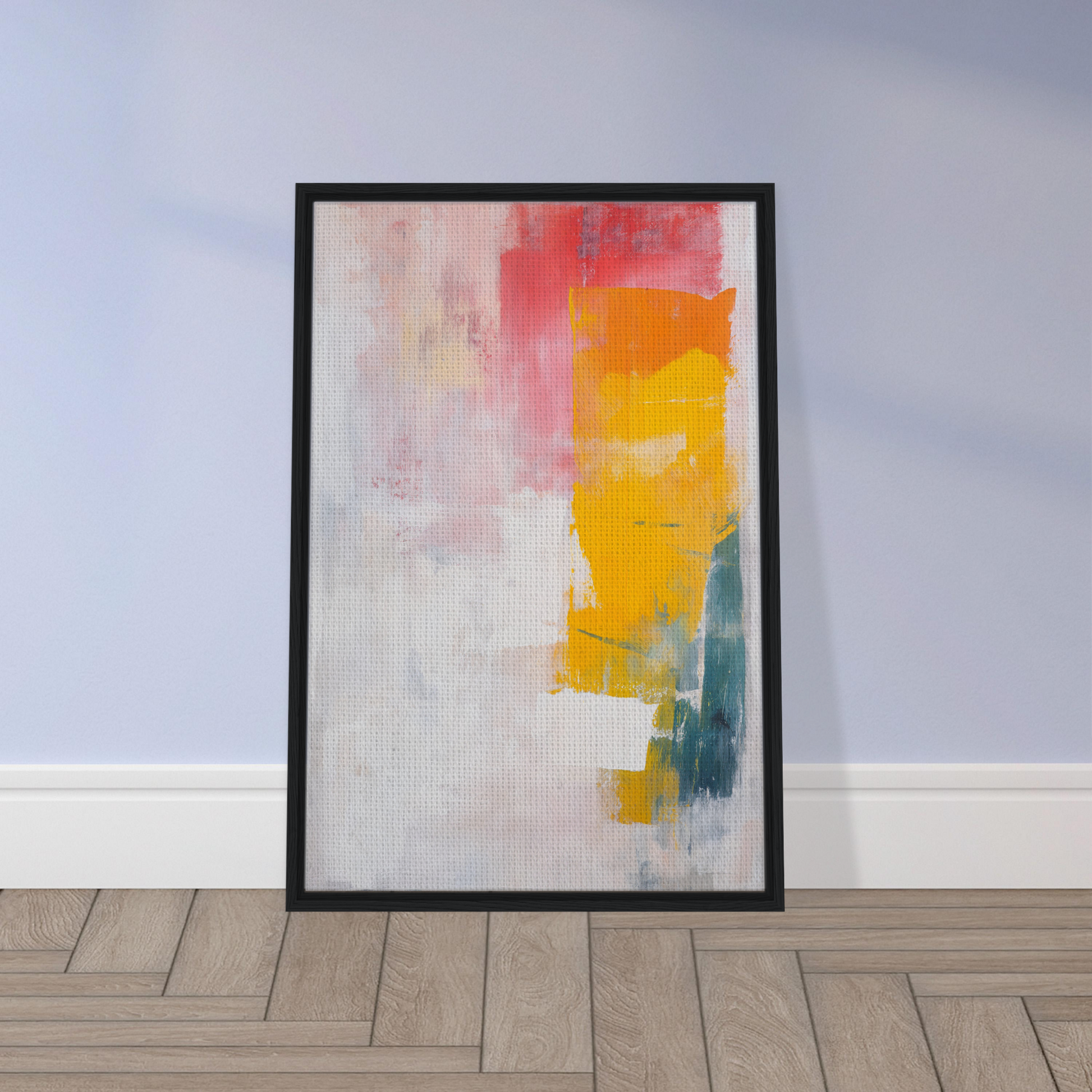 Framed canvas print of Vibrant Cosmic Euphoria with yellow, pink, and white brushstrokes