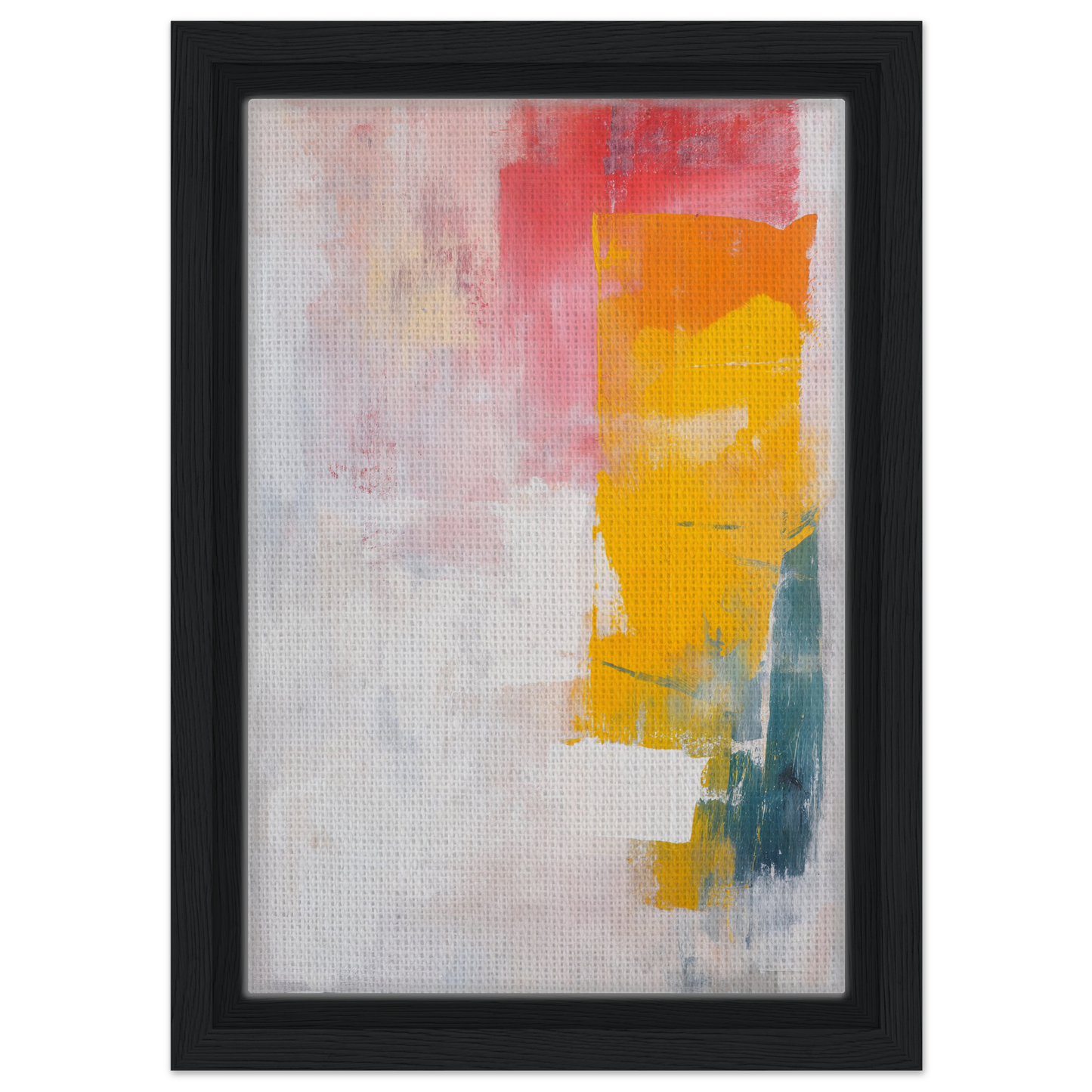 Abstract painting featuring vibrant yellow, pink, and teal in Vibrant Cosmic Euphoria