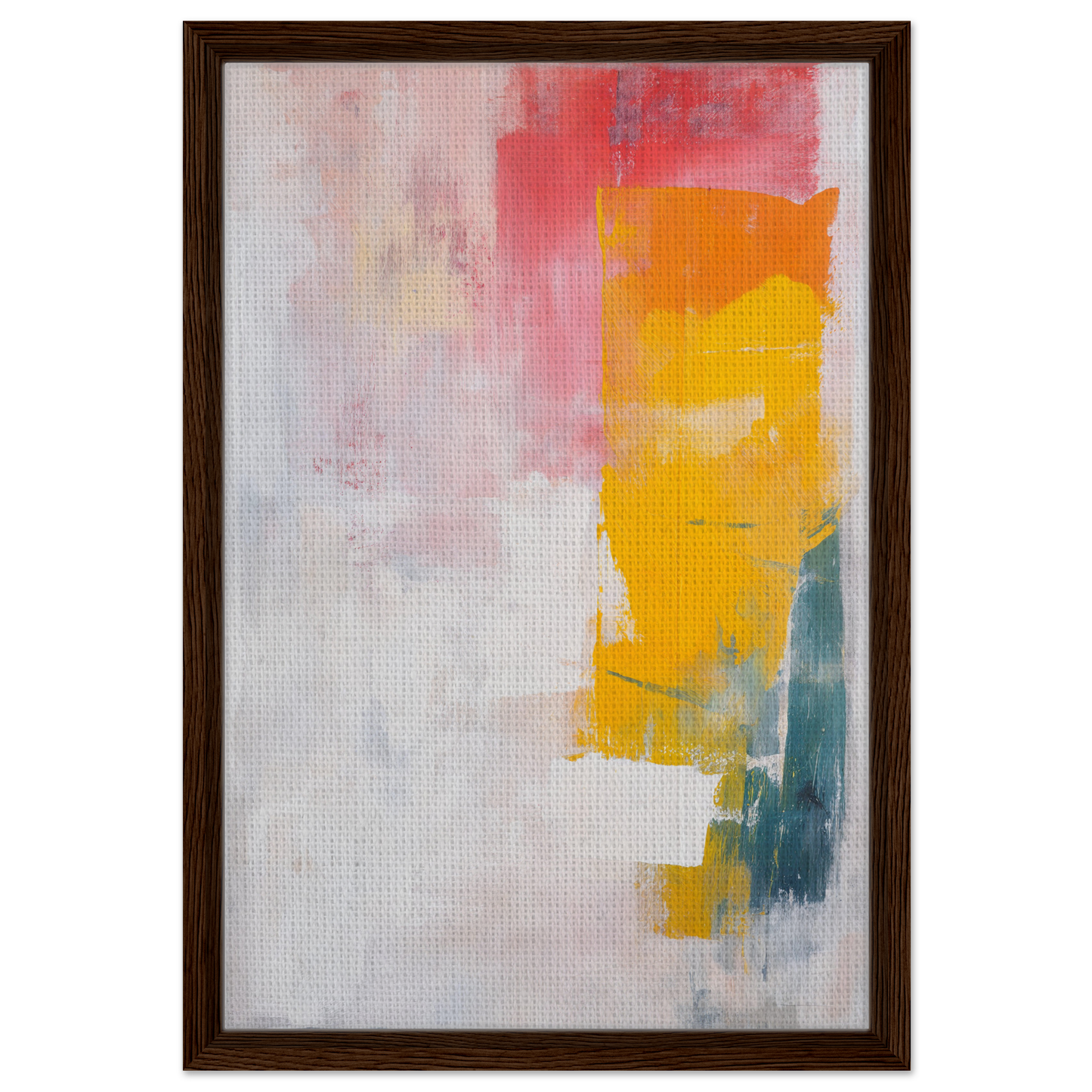 Abstract painting with vibrant yellow, pink, and teal brushstrokes in Framed Canvas Print