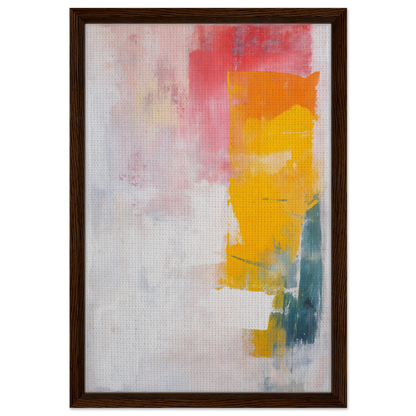 Abstract painting with vibrant yellow, pink, and teal brushstrokes in Framed Canvas Print