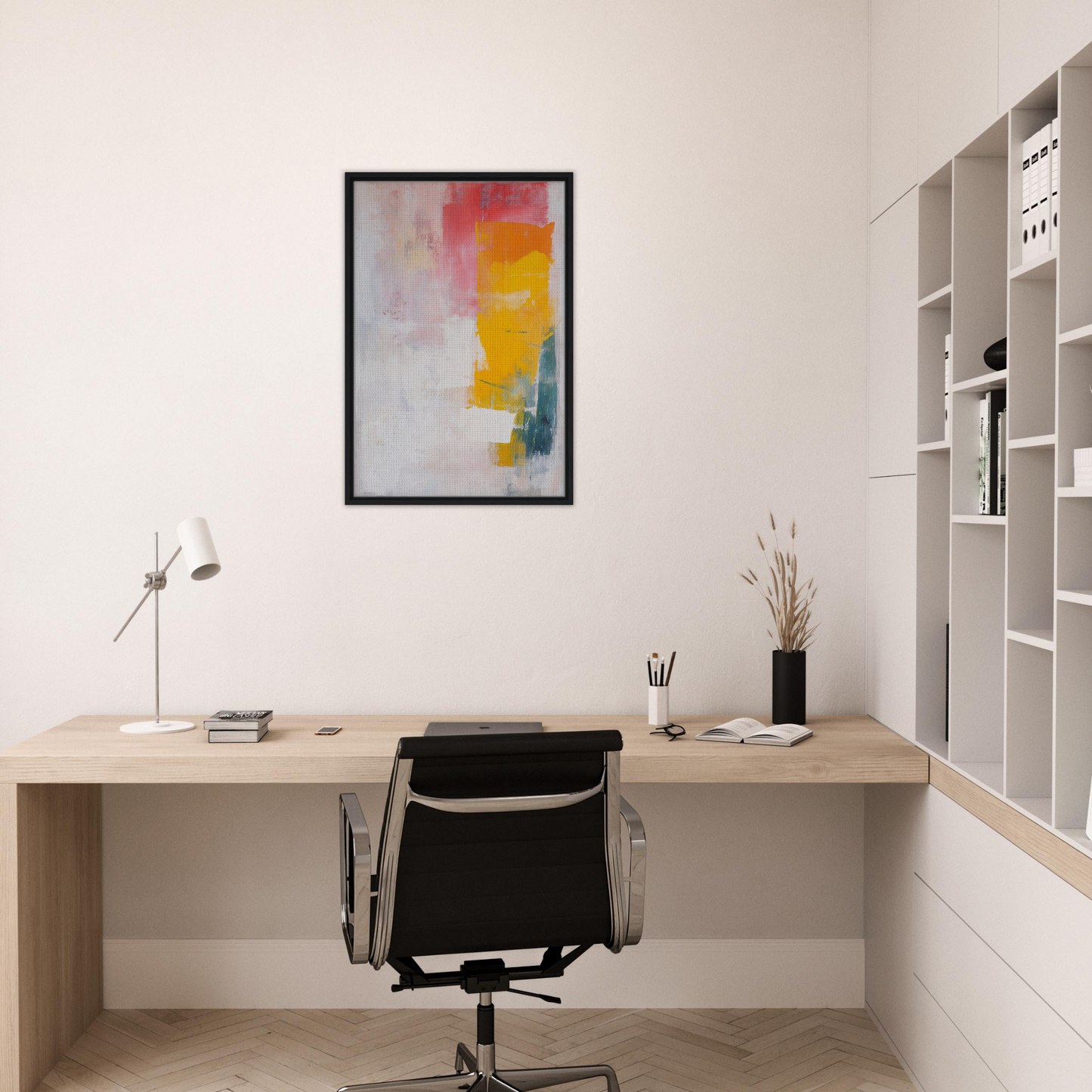 Minimalist home office with Vibrant Cosmic Euphoria wall art, wooden desk, and black chair