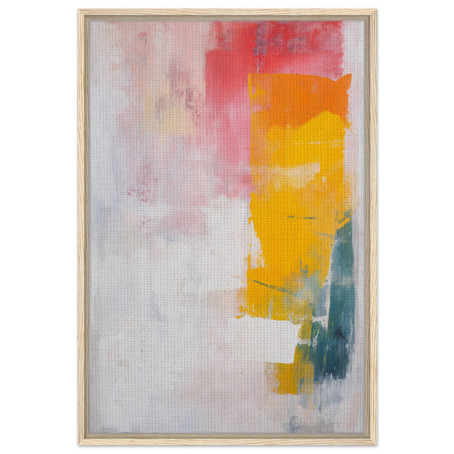 Abstract painting of vibrant yellow, pink, and teal brushstrokes for vibrant cosmic euphoria