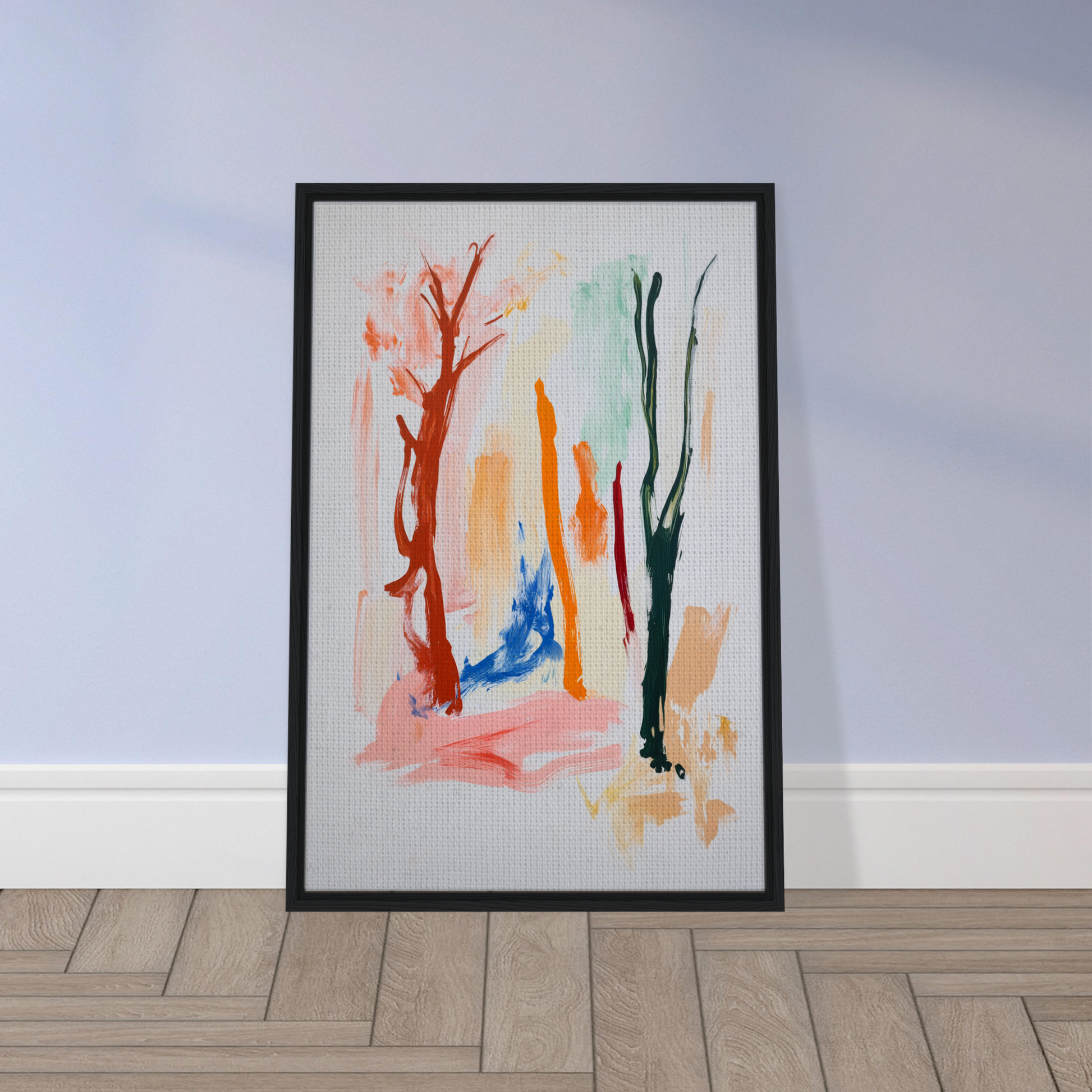 Framed canvas art titled Vibrant Echo Jungle with colorful brushstrokes resembling trees