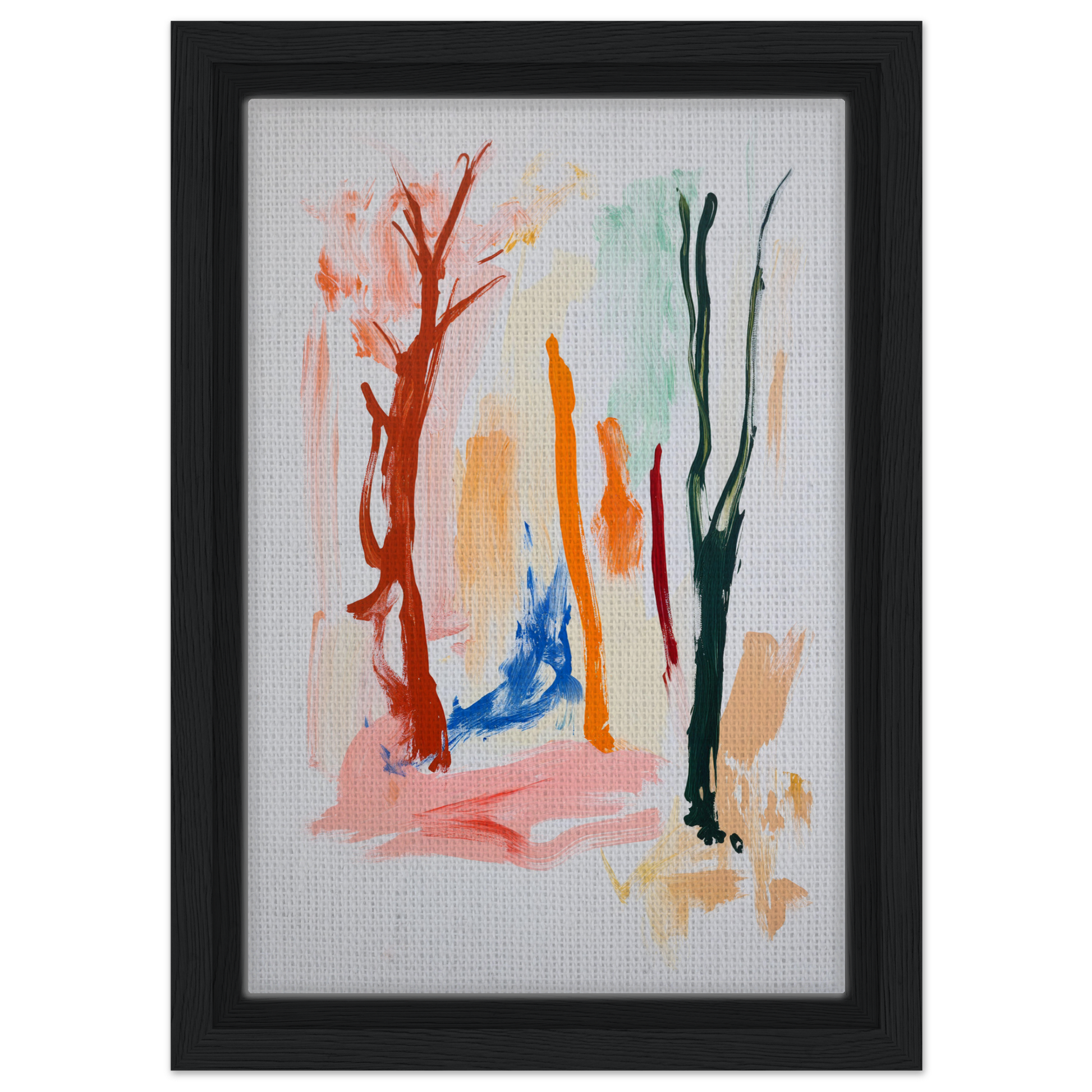 Abstract painting of colorful brushstrokes in Vibrant Echo Jungle framed canvas art