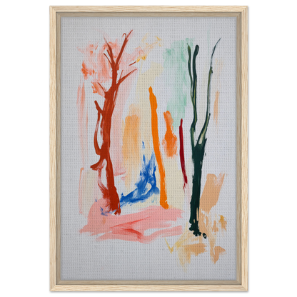 Abstract painting of vibrant brushstrokes resembling trees in Vibrant Echo Jungle framed canvas art