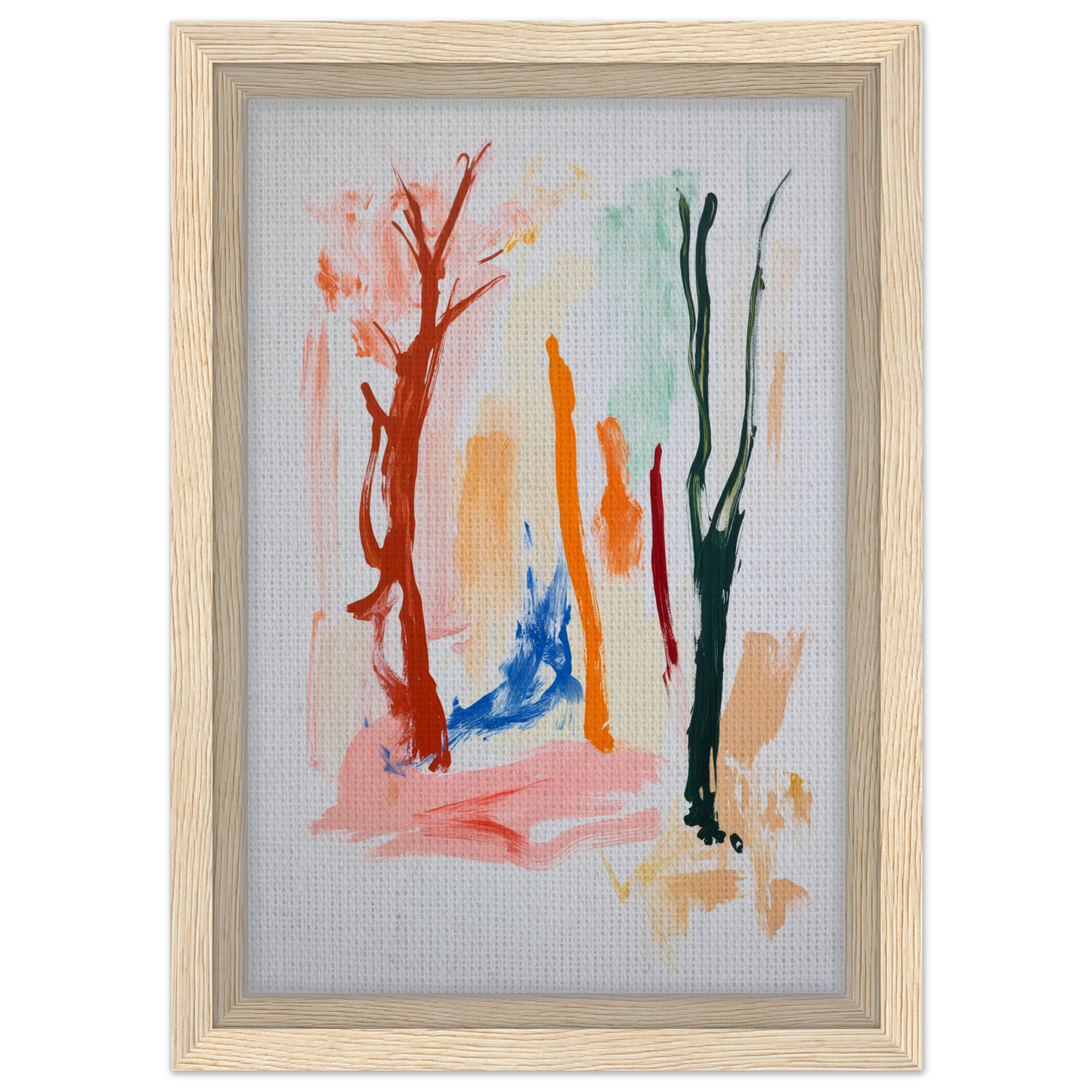 Abstract watercolor painting in a light wooden frame, ideal for Vibrant Echo Jungle room decor