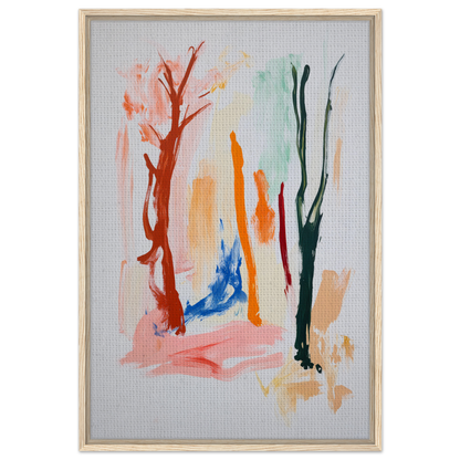 Abstract painting with colorful brushstrokes in Vibrant Echo Jungle framed canvas art