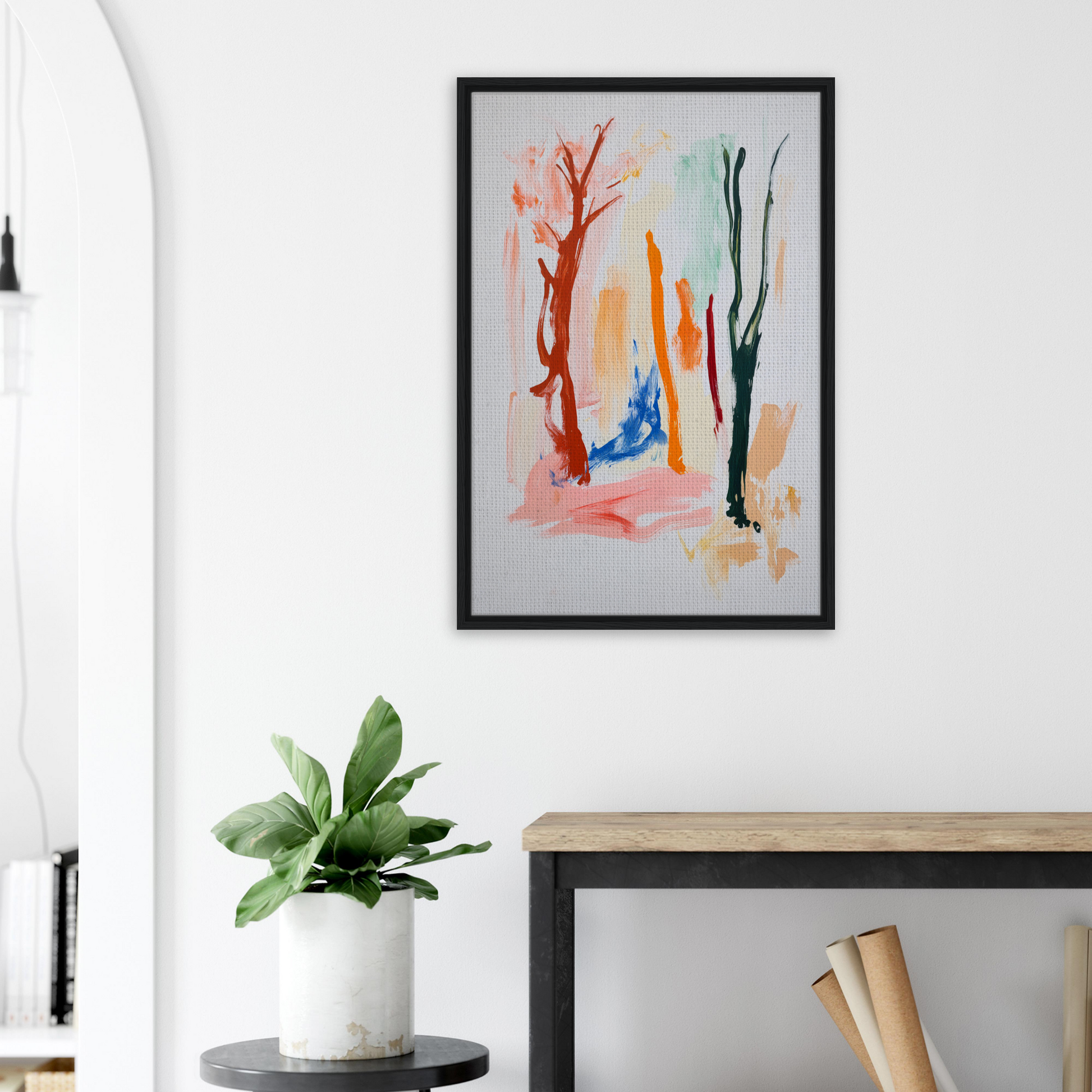 Abstract painting with colorful brushstrokes in a black frame for Vibrant Echo Jungle