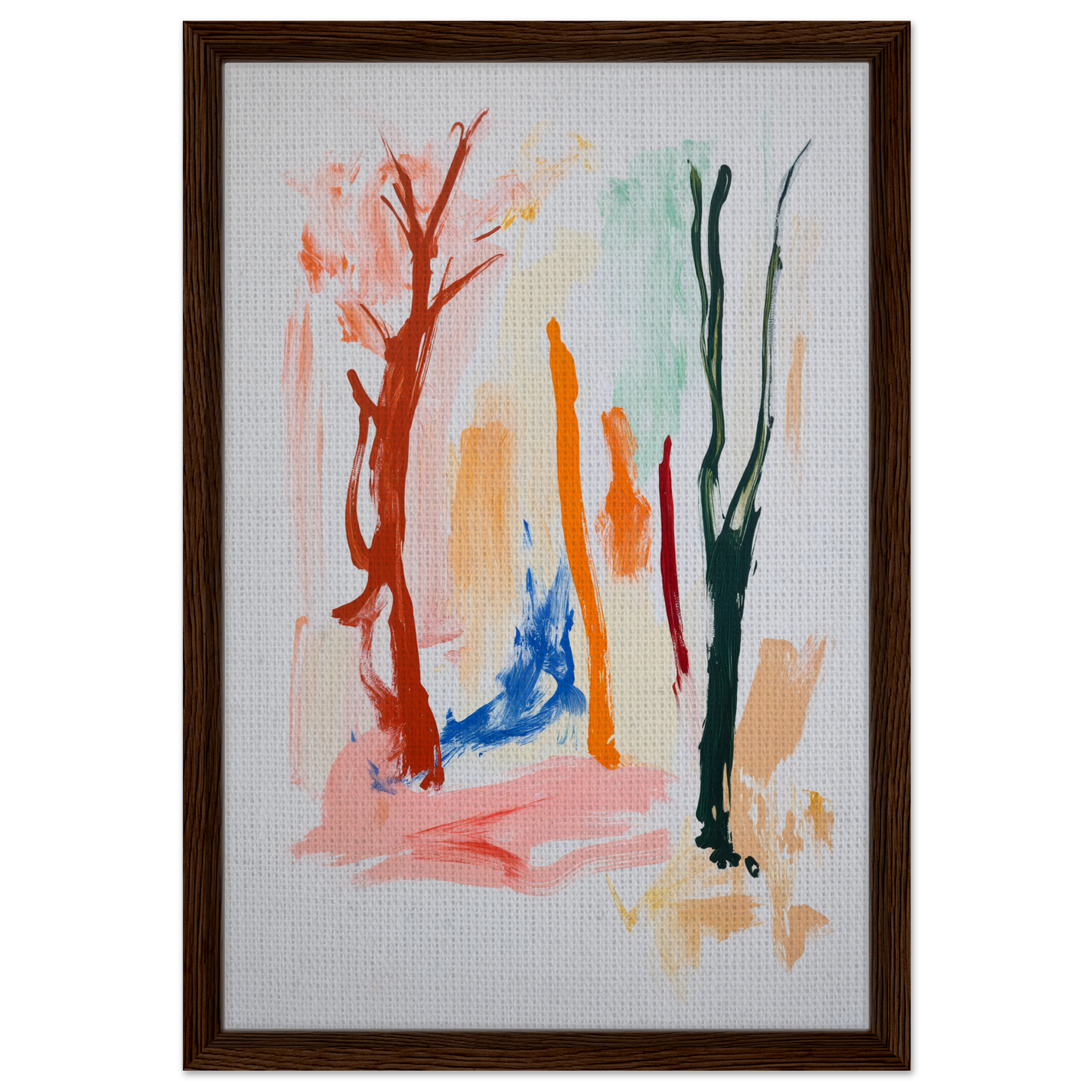 Abstract painting with colorful brushstrokes in Vibrant Echo Jungle framed canvas art