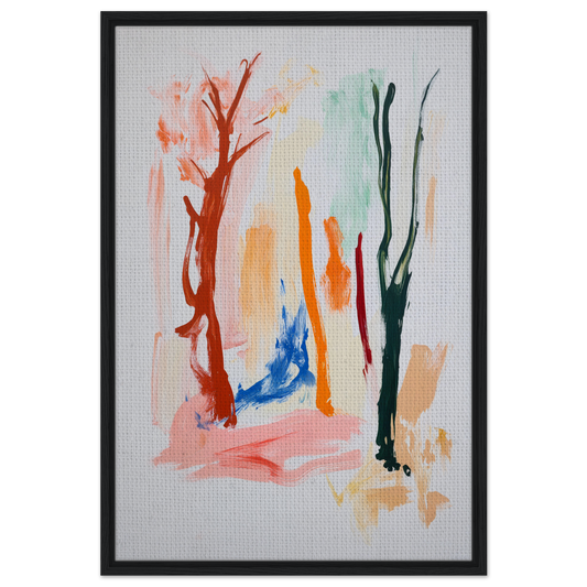 Abstract painting of colorful brushstrokes in Vibrant Echo Jungle framed canvas art for room decor