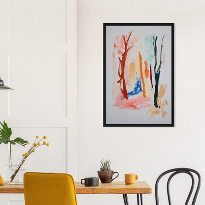 Abstract painting of colorful tree-like shapes in black frame for Vibrant Echo Jungle room decor