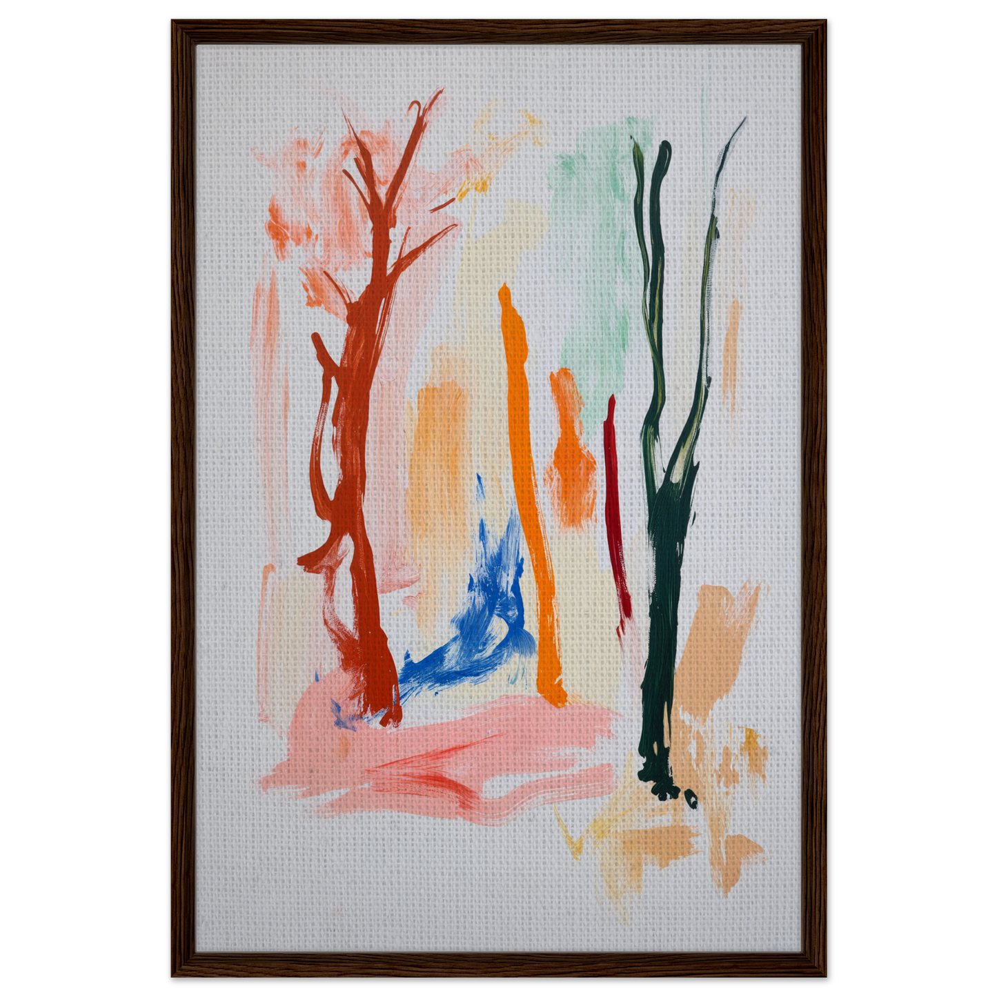 Abstract painting with colorful brushstrokes in Vibrant Echo Jungle framed canvas art