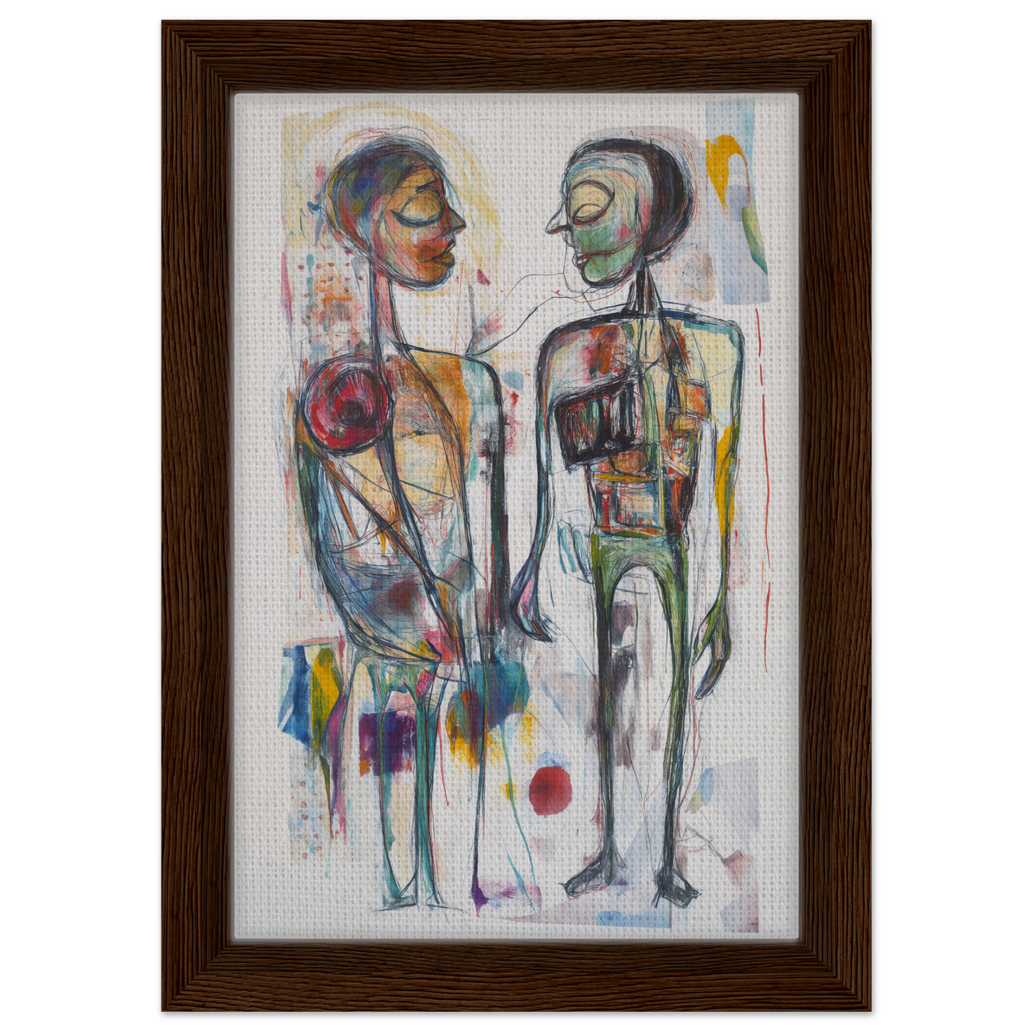 Abstract painting of two stylized figures in vibrant colors for Vibrant Emotional Dialogues room decor