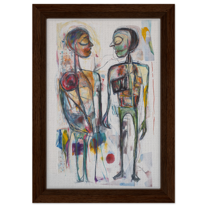 Abstract painting of two stylized figures in vibrant colors for Vibrant Emotional Dialogues room decor