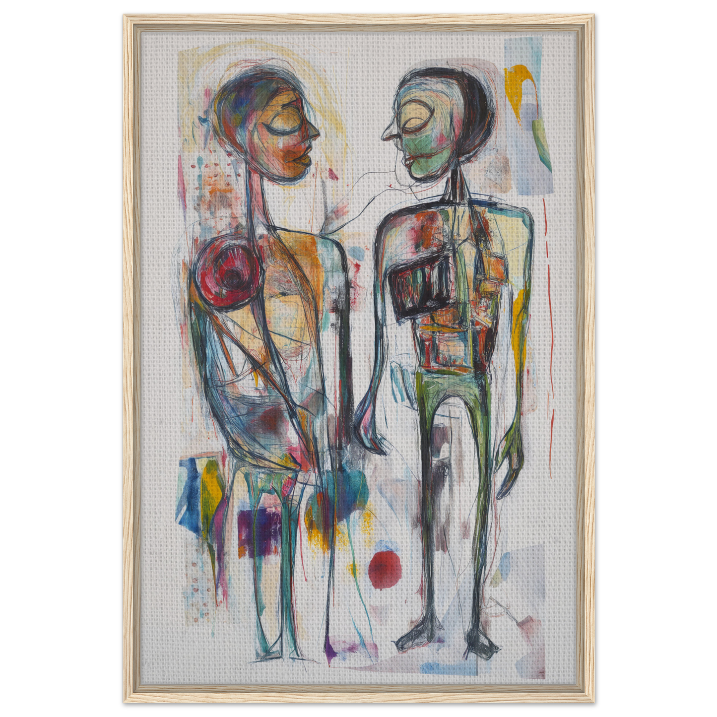 Abstract painting of two stylized figures in vibrant emotional dialogues for room decor