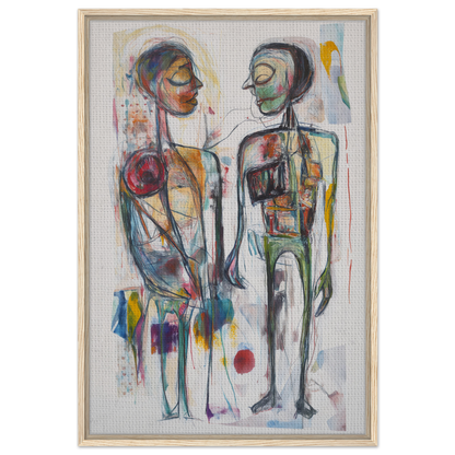 Abstract painting of two stylized figures in vibrant emotional dialogues for room decor