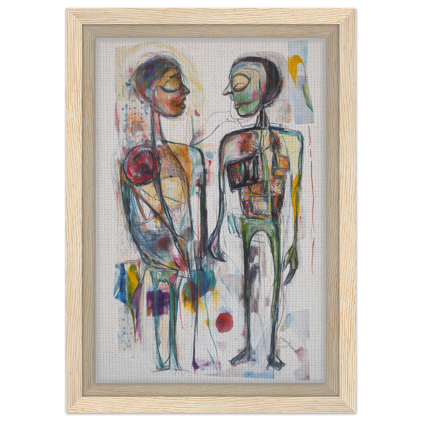 Abstract painting of two stylized human figures in vibrant colors for Vibrant Emotional Dialogues