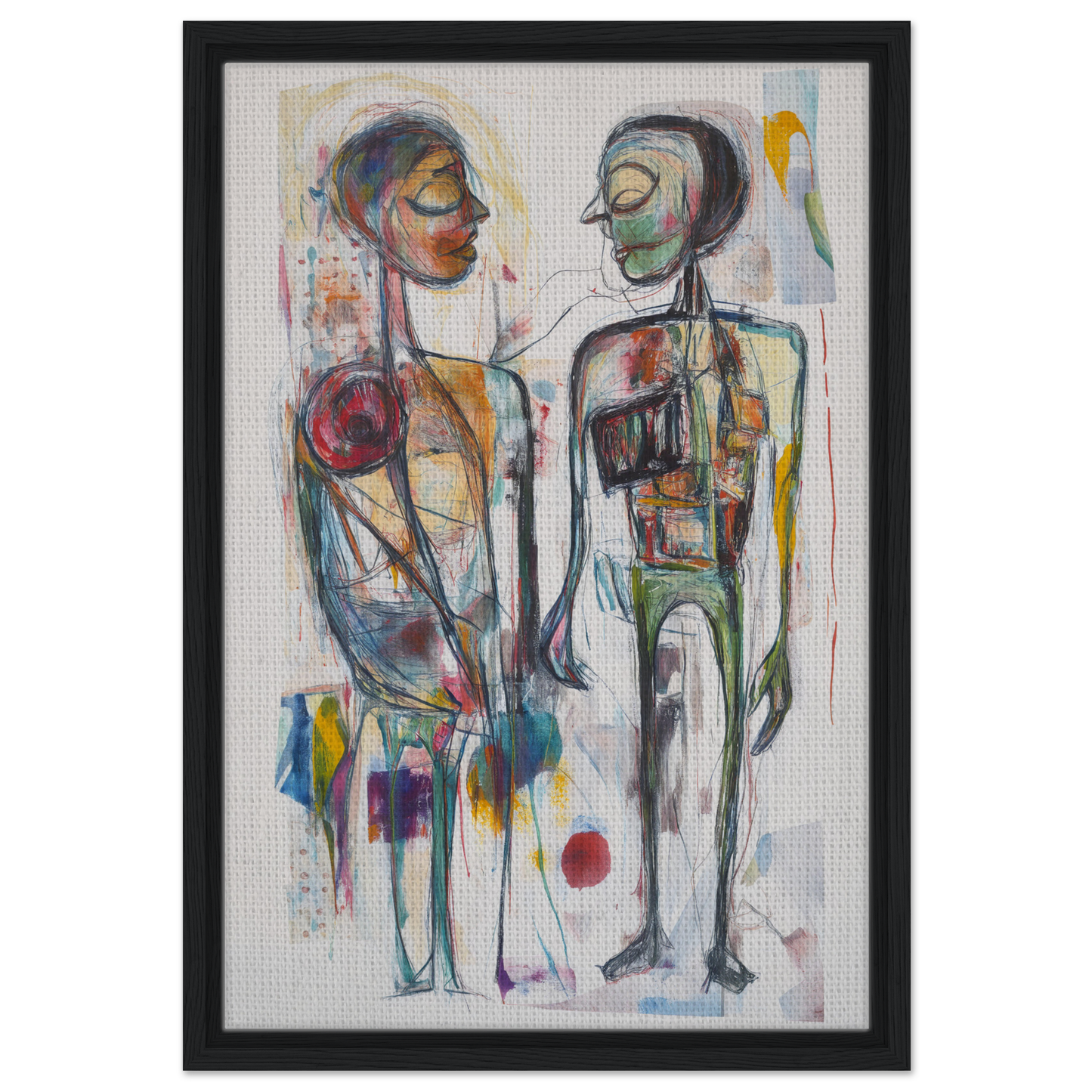 Abstract painting of two stylized figures depicting vibrant emotional dialogues on framed canvas print