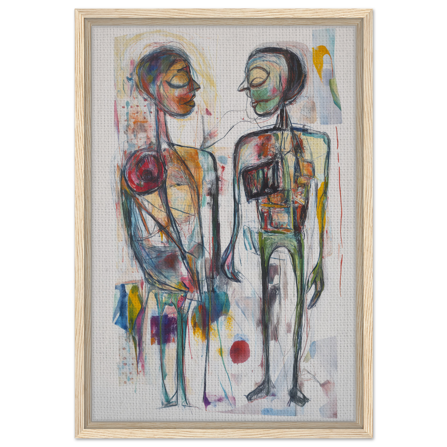 Abstract painting of two stylized figures in vibrant emotional dialogues, framed canvas print