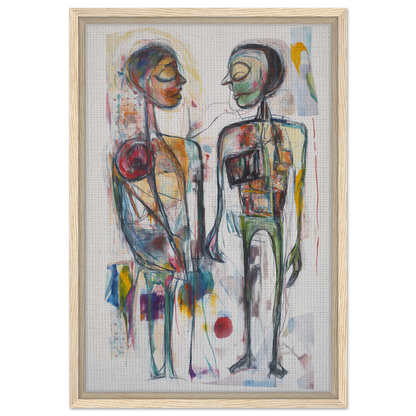 Abstract painting of two stylized figures in vibrant emotional dialogues, framed canvas print