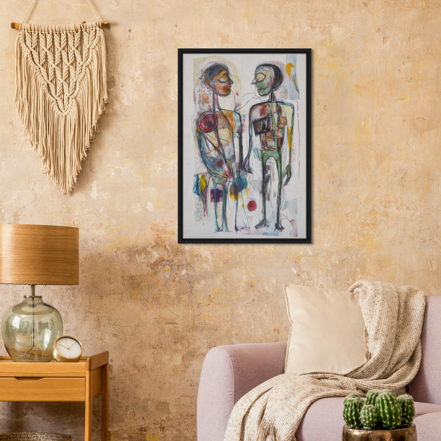 Framed abstract painting of colorful figures, enhancing room decor with vibrant emotional dialogues