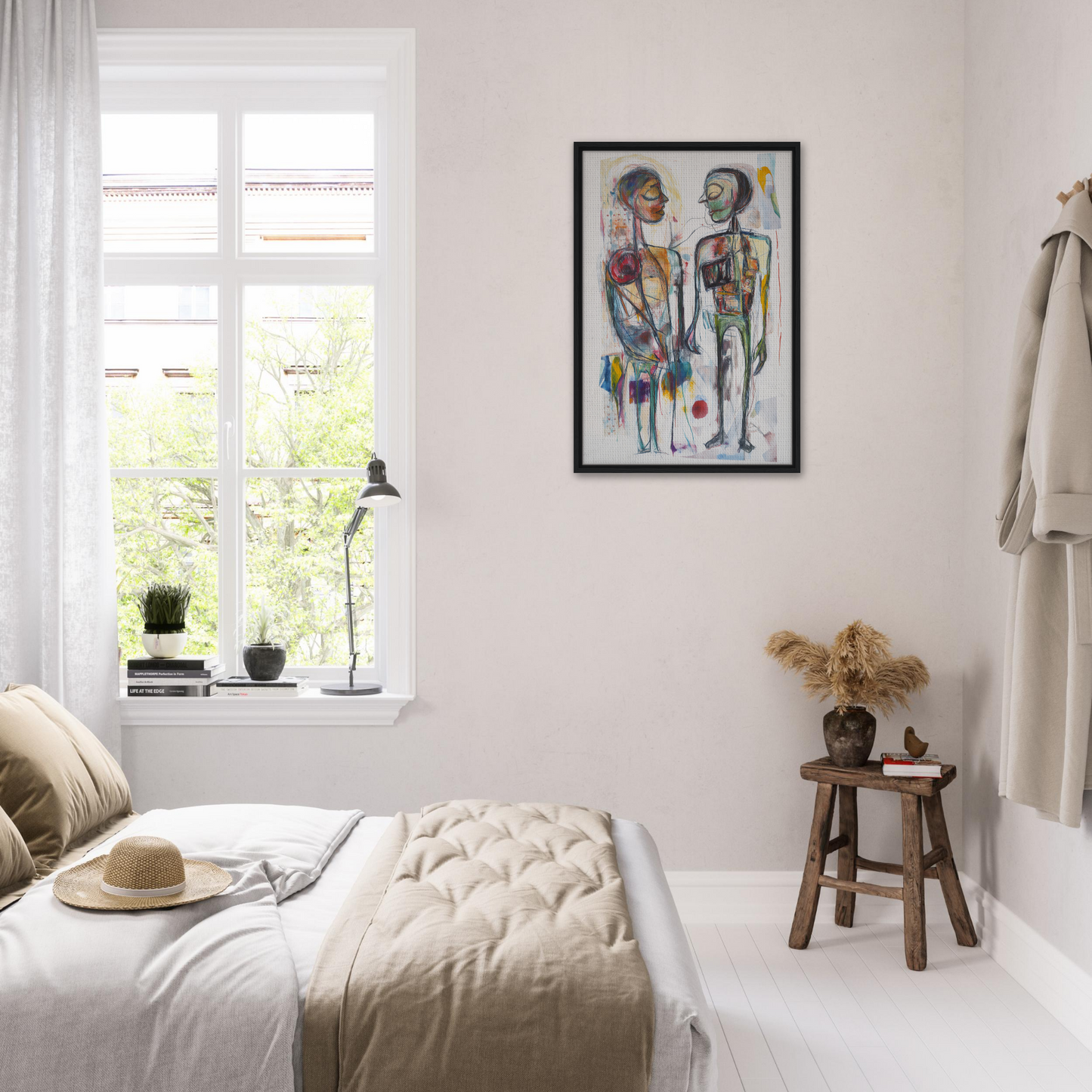 Bright minimalist bedroom featuring anatomical artwork, enhancing Vibrant Emotional Dialogues room decor