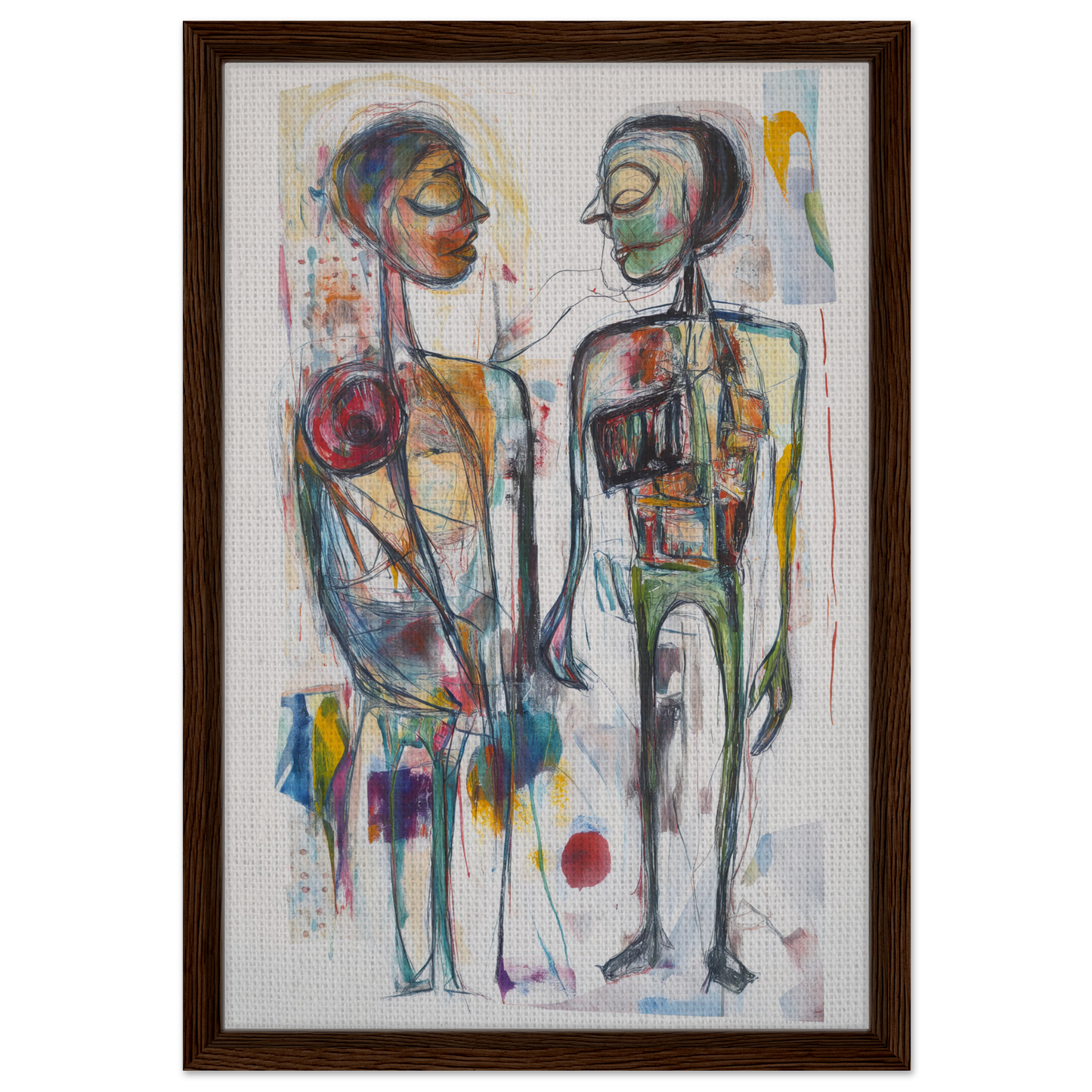 Abstract painting of two figures in vibrant colors for Vibrant Emotional Dialogues framed canvas print