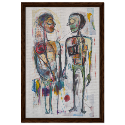 Abstract painting of two figures in vibrant colors for Vibrant Emotional Dialogues framed canvas print