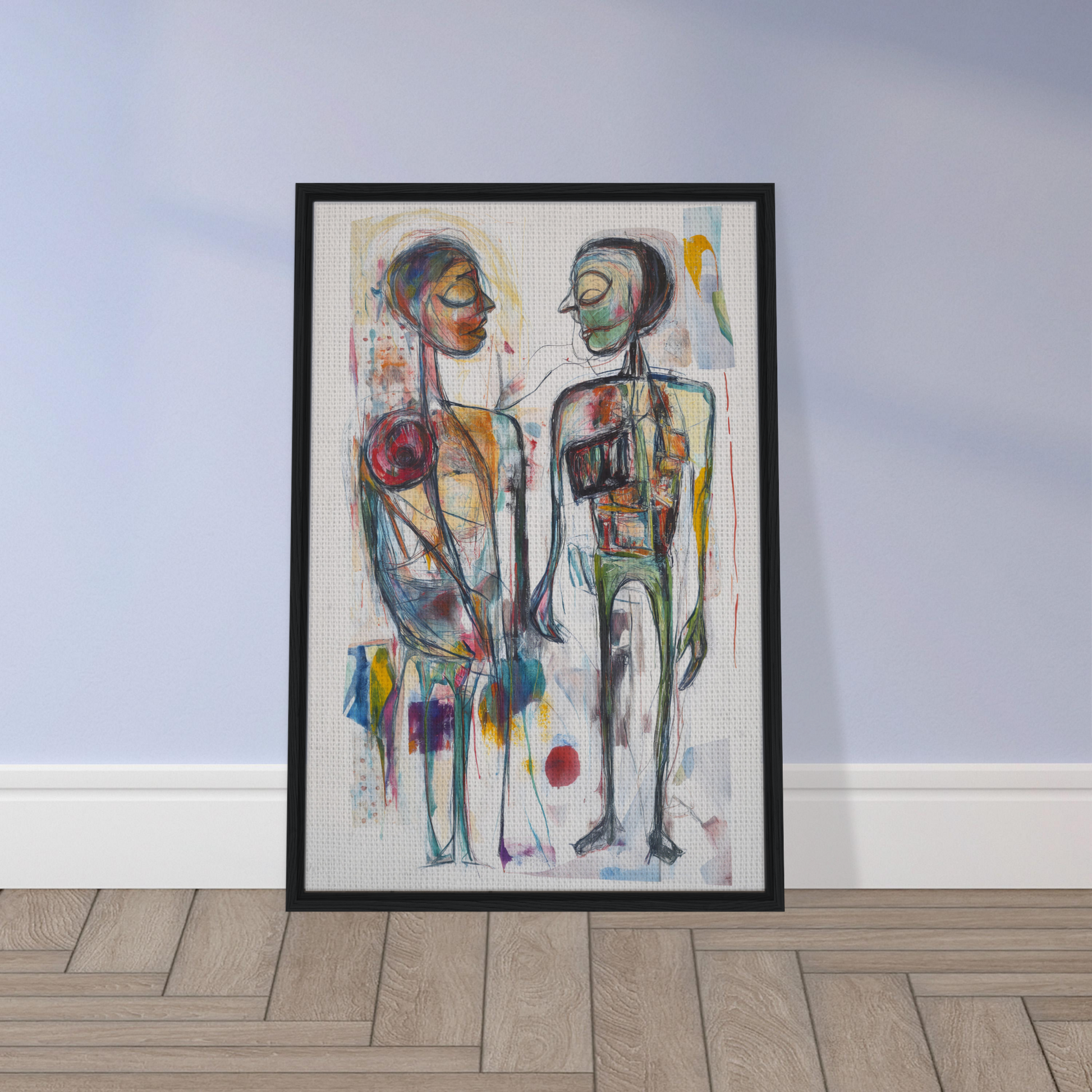 Framed canvas print of vibrant emotional dialogues with stylized human figures