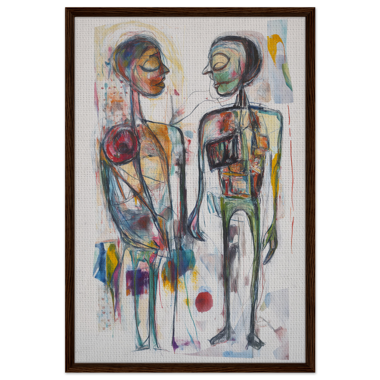 Abstract painting of two stylized figures in Vibrant Emotional Dialogues framed canvas print