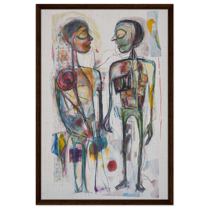 Abstract painting of two stylized figures in Vibrant Emotional Dialogues framed canvas print