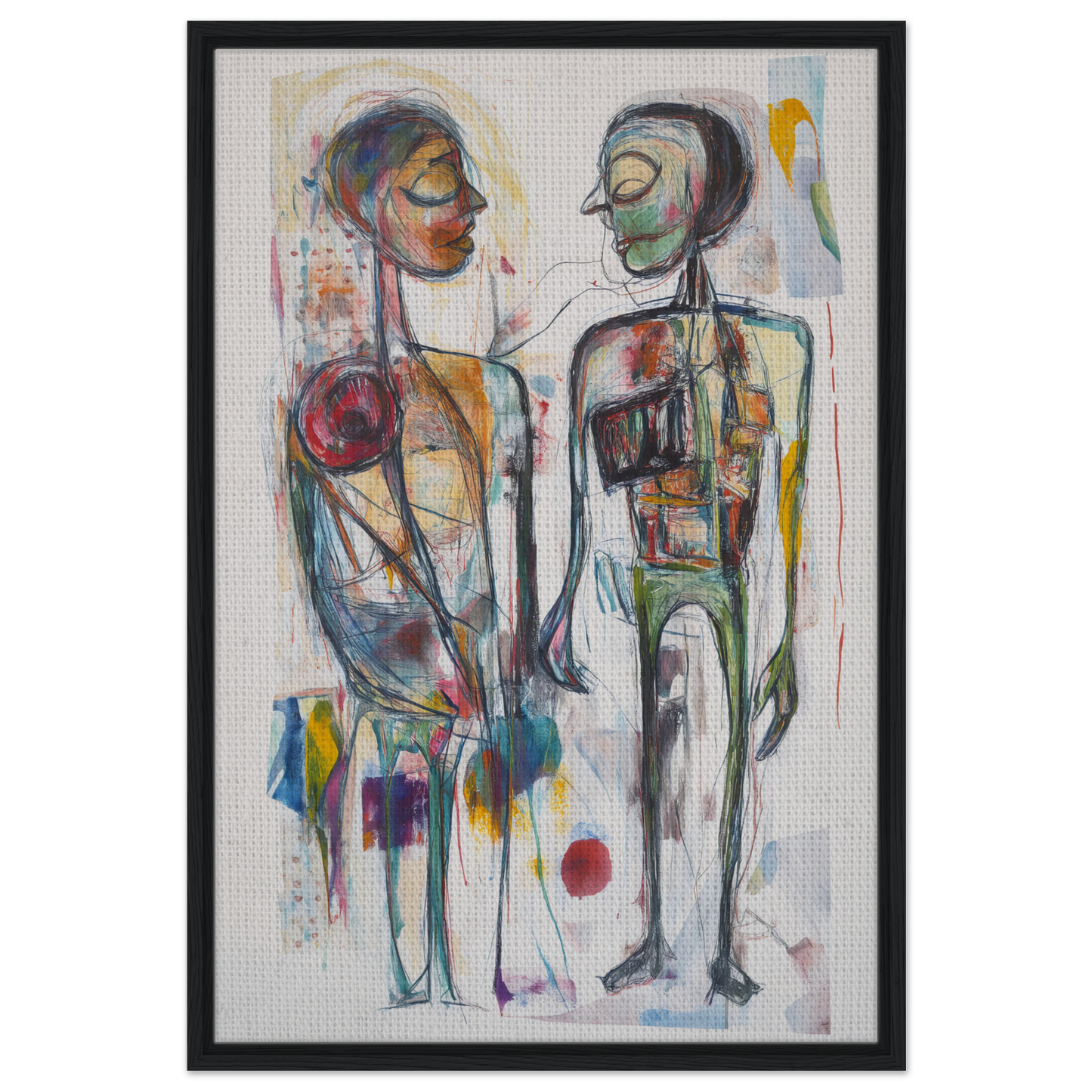 Abstract painting of two stylized figures in Vibrant Emotional Dialogues for room decor