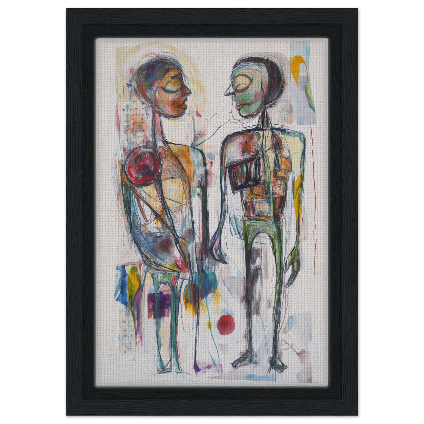 Abstract painting of two stylized figures in vibrant emotional dialogues for room decor