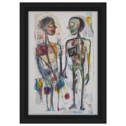 Abstract painting of two stylized figures in vibrant emotional dialogues for room decor