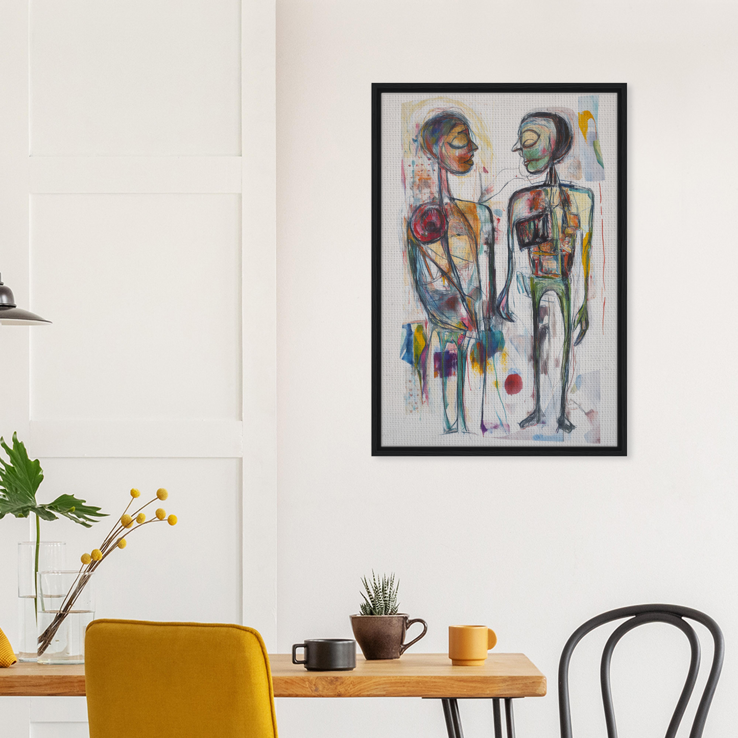 Abstract painting of two stylized human figures in a black frame for Vibrant Emotional Dialogues