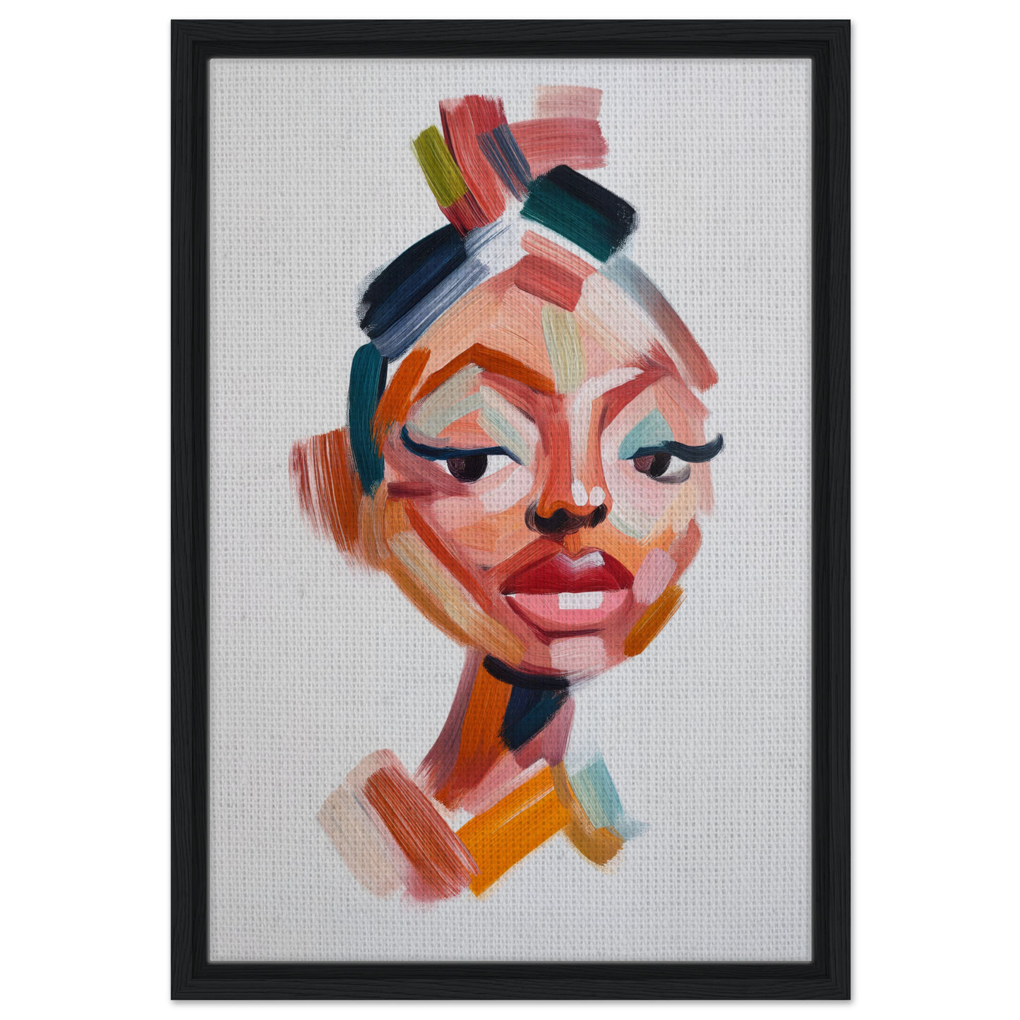 Abstract portrait of a woman with colorful brushstrokes in Vibrant Facets Burgeon framed canvas print