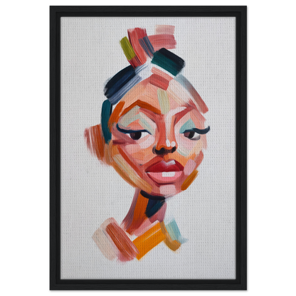 Abstract portrait of a woman with colorful brushstrokes in Vibrant Facets Burgeon framed canvas print