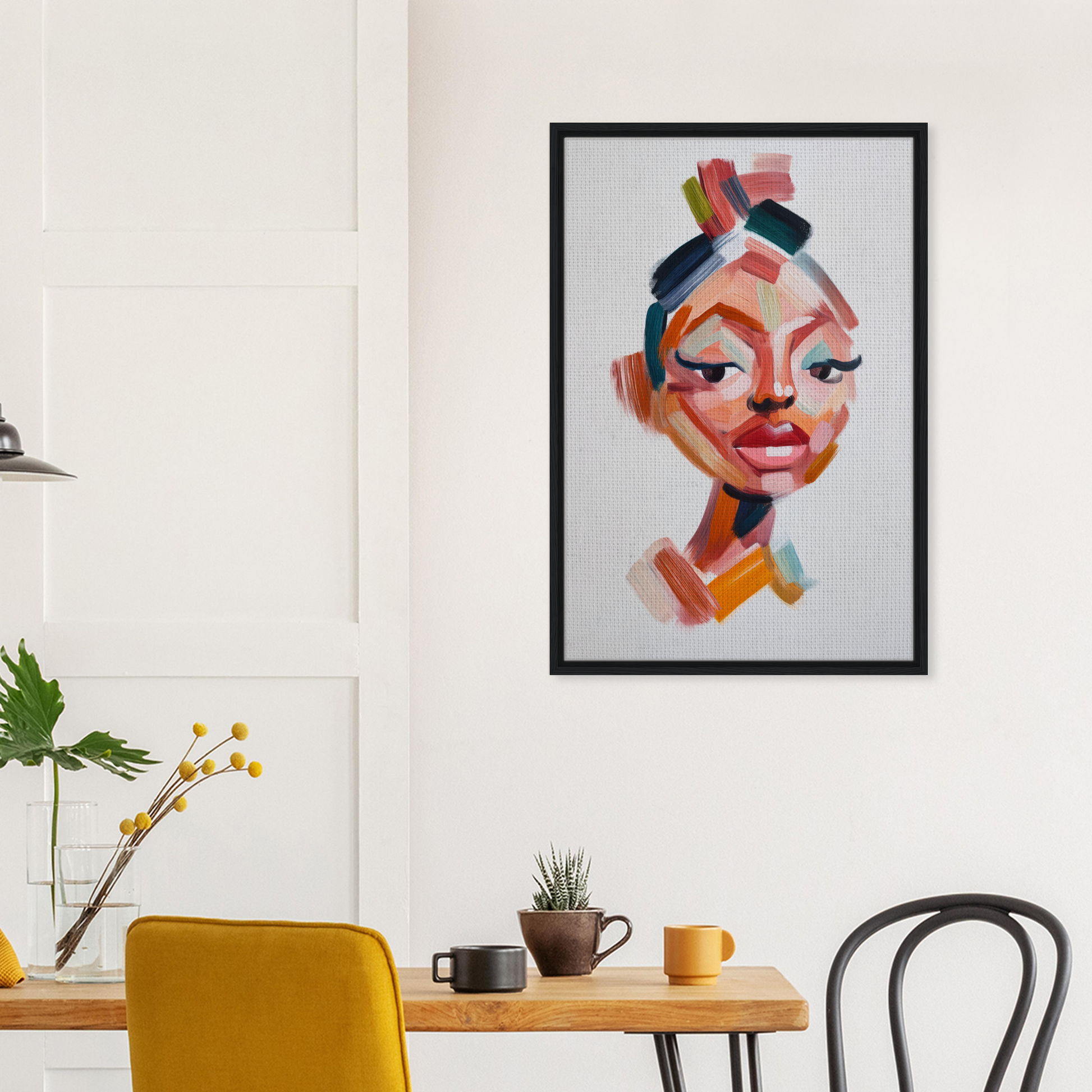 Abstract portrait painting with colorful geometric shapes, framed canvas print of Vibrant Facets Burgeon