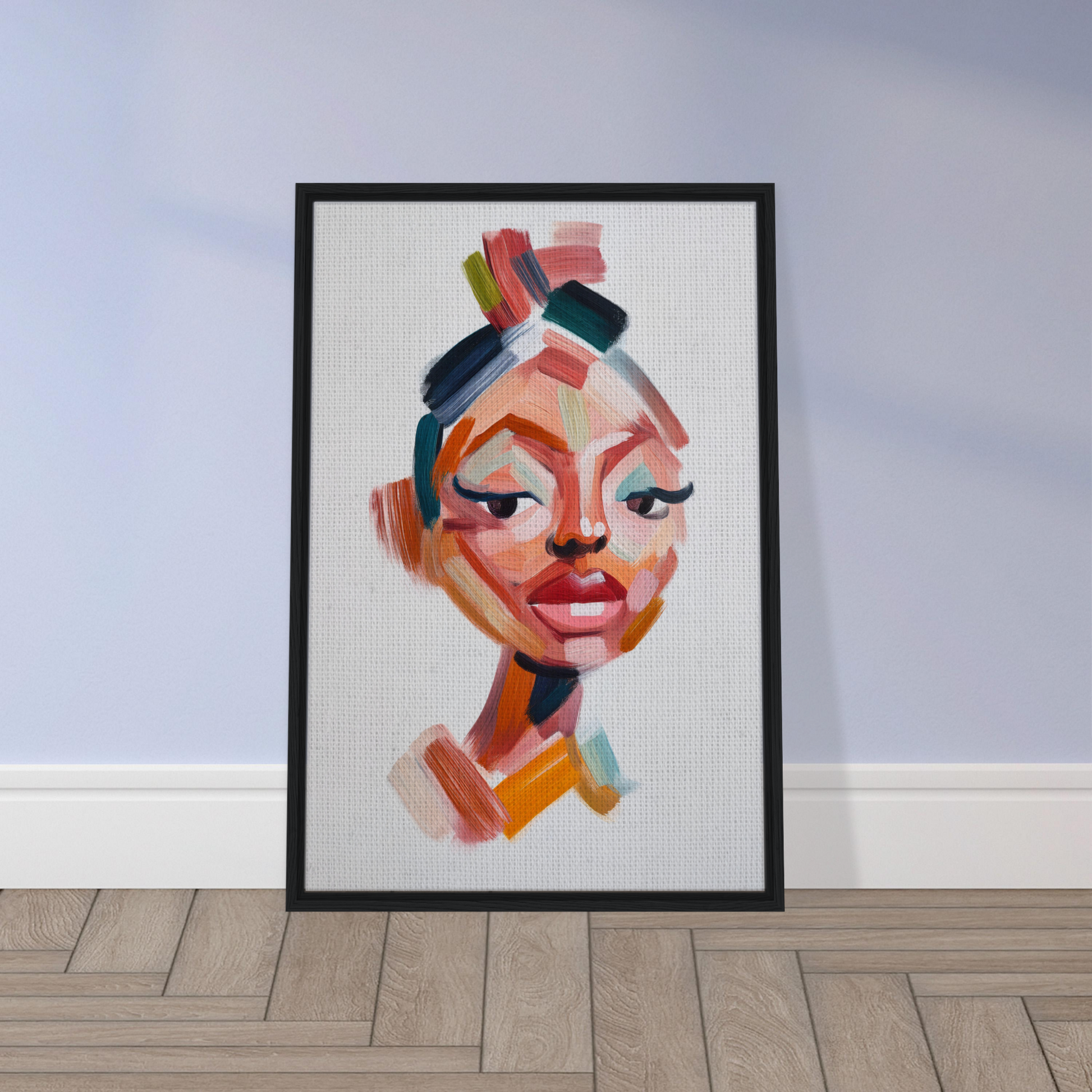 Framed abstract portrait painting titled Vibrant Facets Burgeon for stylish room decor