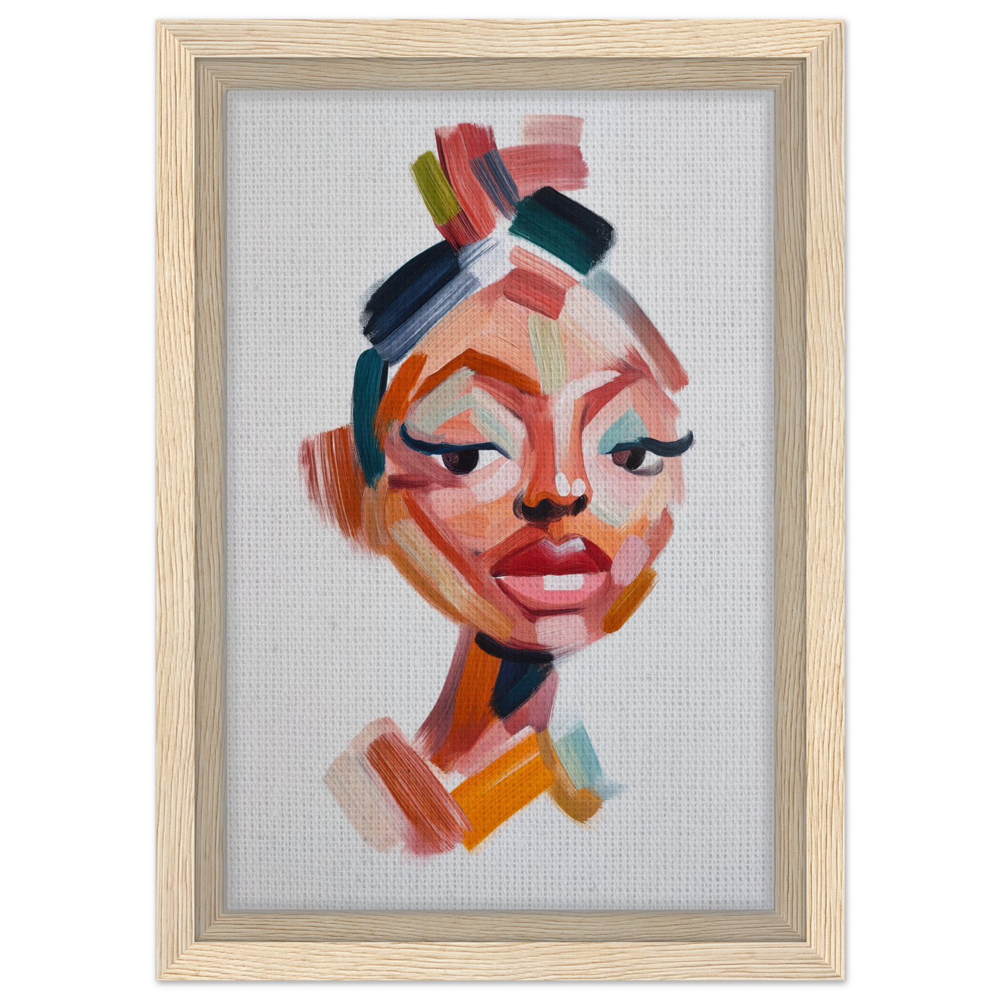 Abstract portrait painting of a woman’s face from Vibrant Facets Burgeon framed canvas print