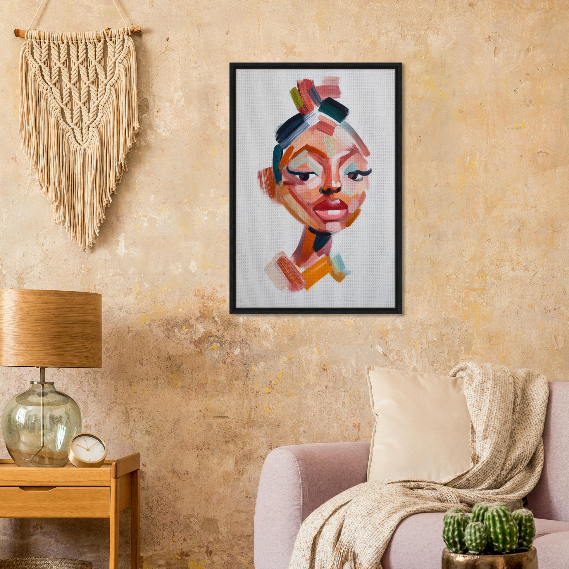 Colorful abstract portrait painting in black frame from Vibrant Facets Burgeon for room decor