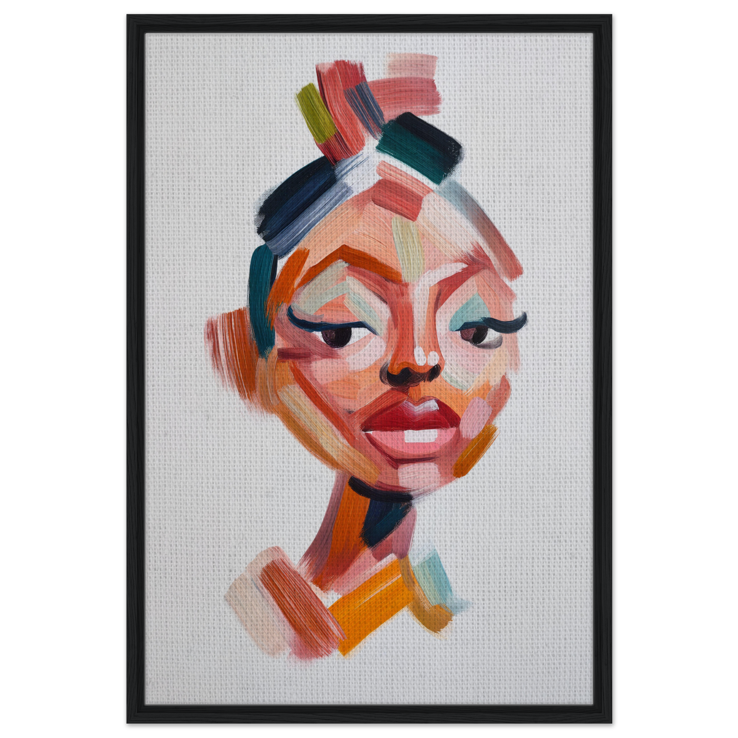 Colorful abstract portrait painting of a woman’s face from Vibrant Facets Burgeon for room decor