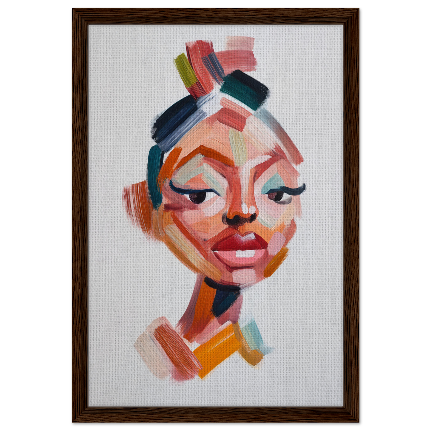 Abstract portrait painting of a woman’s face in Vibrant Facets Burgeon framed canvas print