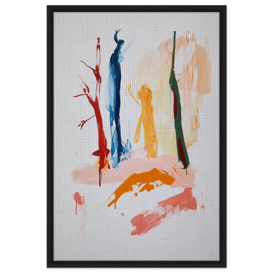 Abstract painting of colorful figures in vibrant reds dance, ideal for framed canvas art and room decor